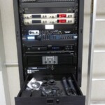 Additional storage space in the Turnkey PA rack is helpful to press box personnel