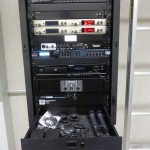 Additional storage space in the Turnkey PA rack is helpful to press box personnel